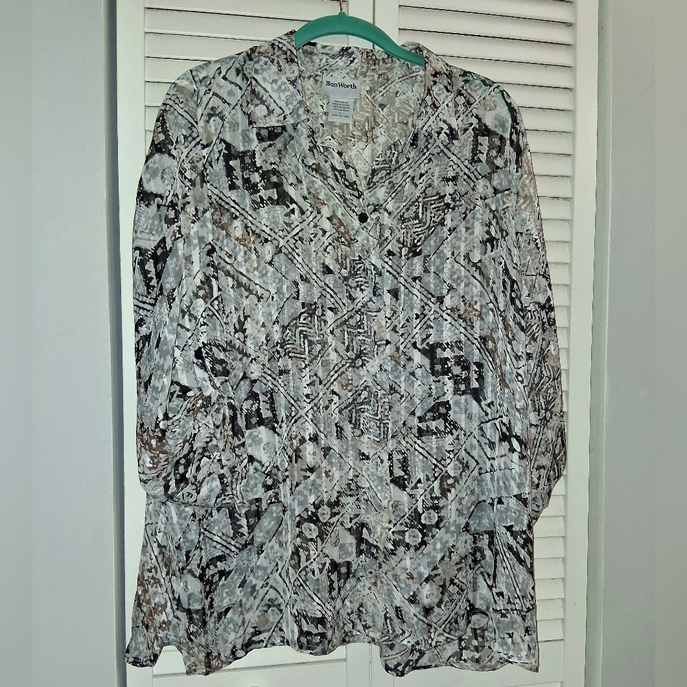 Bon Worth Patterned Button-Up Sheer Blouse 3/4 Sleeve To Long